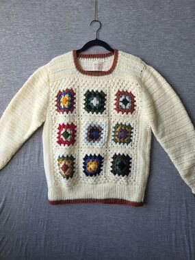 Vintage 70s Thane Hand Made Crochet Granny-Square Sweater Sz L